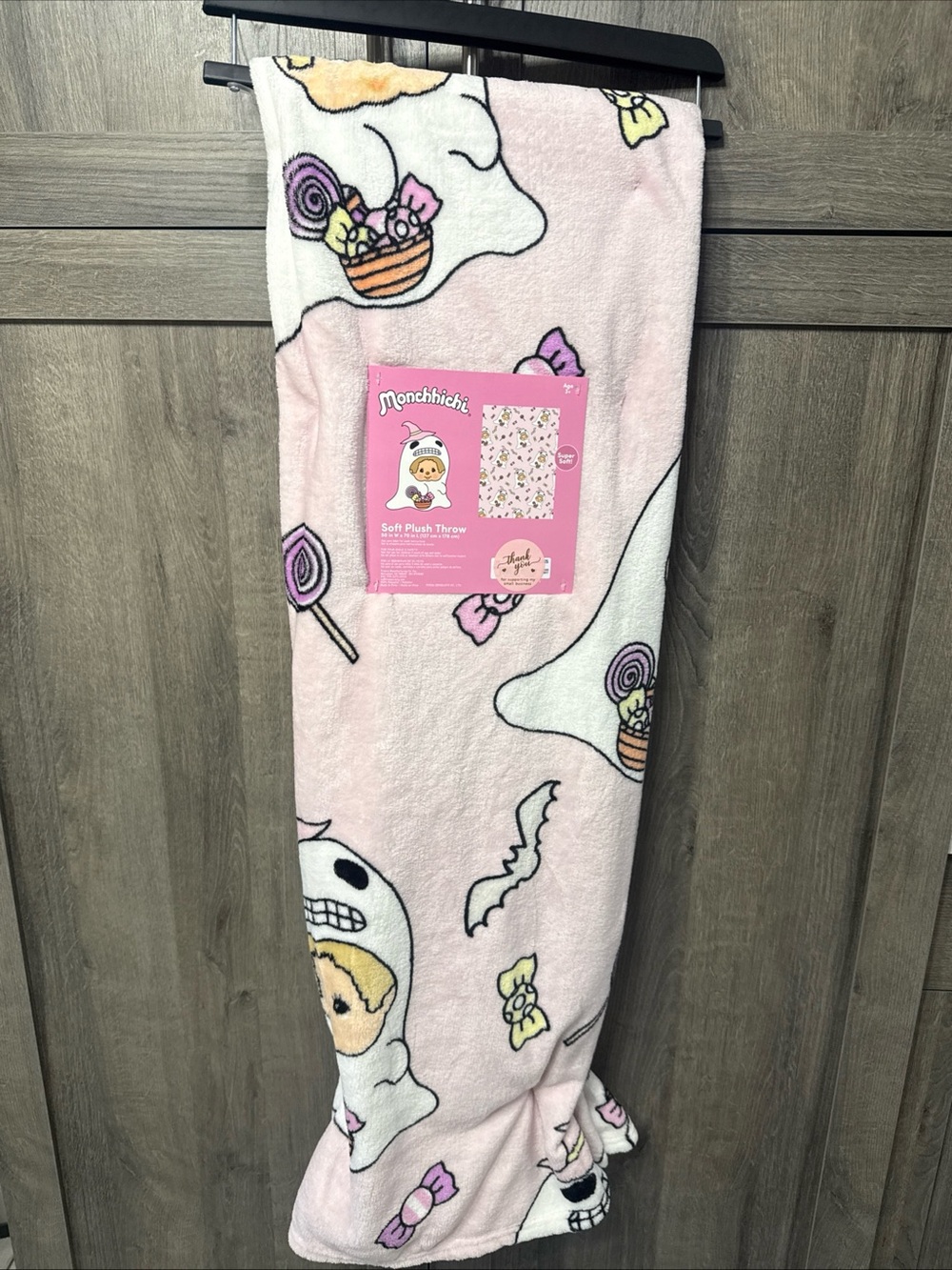 New Monchhichi Spooky Ghost Halloween Pink Throw Blanket On Hanger